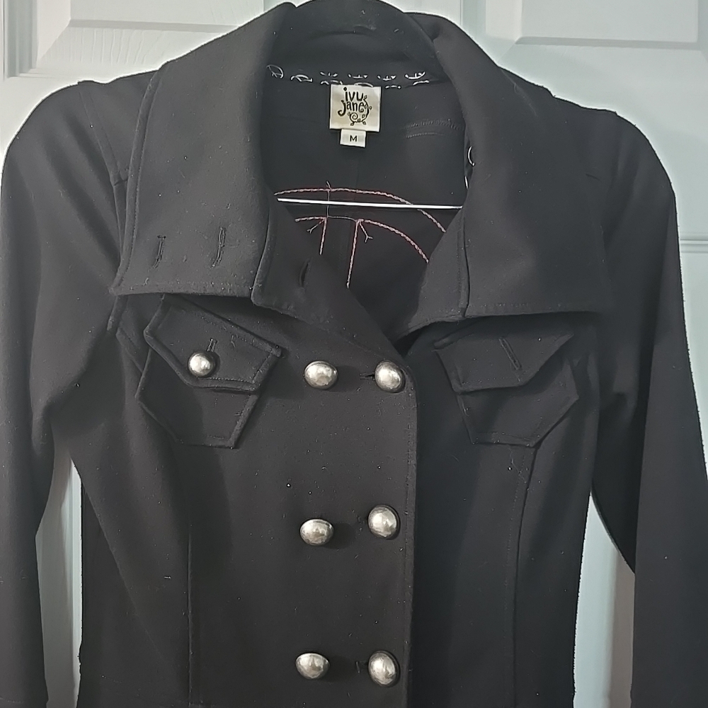 Ivy Jane Black Double Breasted Peace Roses Womens Pea Coat Jacket Size Medium - Picture 2 of 7